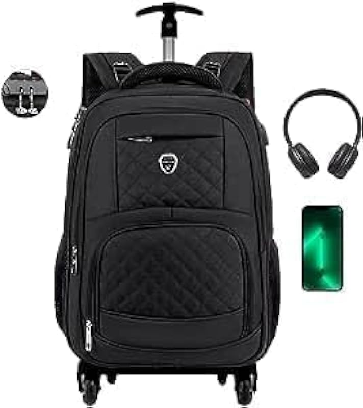 Mochila carrino com rodinhas Bolsa Notebook Executiva 15.6 Polegadas Resistente Trabalho Urbano Passeio Casual com USB (Com carrinho, Preta)