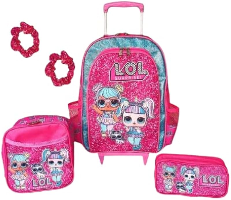 KIT MOCHILA DE RODINHAS LOL SURPRISE INFANTIL COM BRINDES 2 DOIS AMARRADORES DE CABELO SCRUNCHIE ESCOLAR MENINAS ROSA BRILHO VOLTA AS AULAS