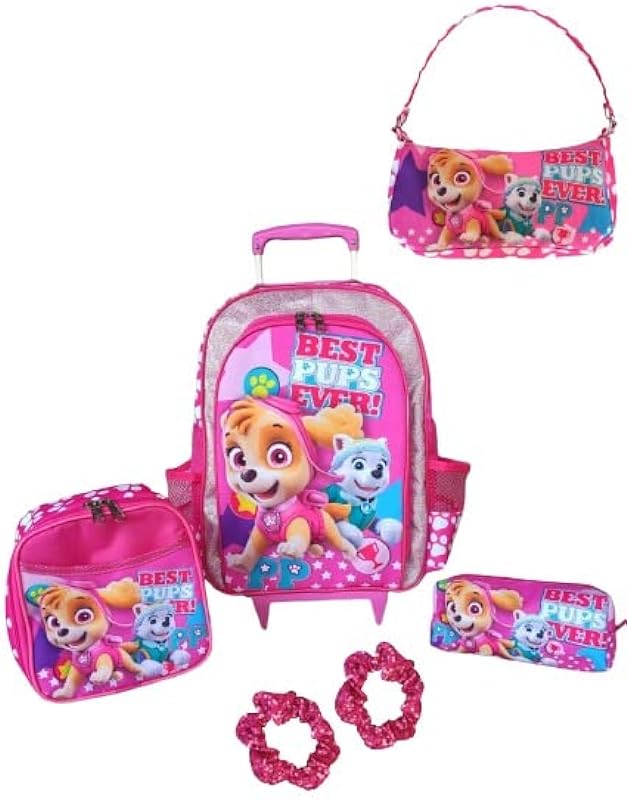KIT MOCHILA DE RODINHAS COM BAGUETE SKYE EVEREST INFANTIL ESCOLAR MENINAS ROSA BRILHO BRINDES