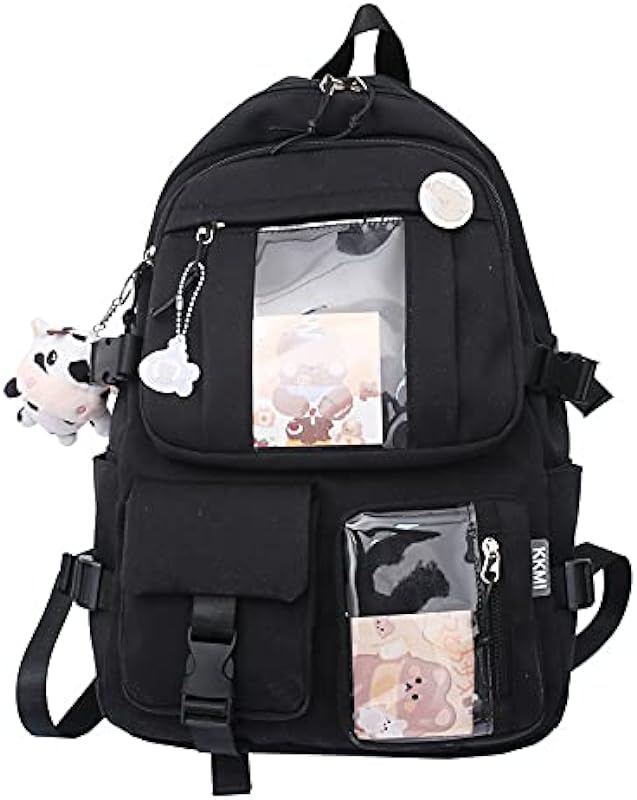 Mochila japonesa Harajuku feminina versão coreana estudante do ensino médio mochila de estudante do ensino médio mochila de estudante de escola primária coração menina bonita mochila preta + vaca + distintivo Mochila japonesa Harajuku feminina versão coreana estudante do ensino médio mochila de estudante do ensino médio mochila de estudante de escola primária coração menina bonita mochila preta + vaca + distintivo