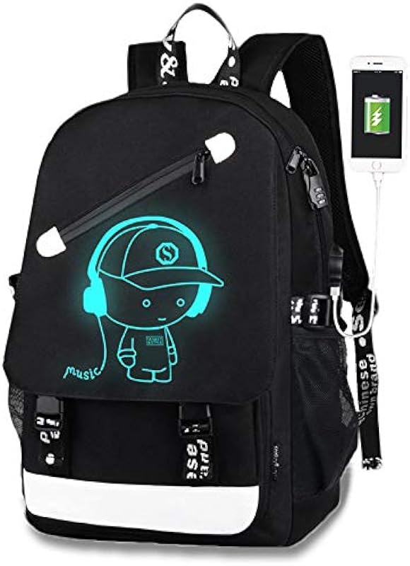 Mochilas luminosas de anime para meninos, mochila Lumcissy de 15,6 polegadas para laptop com porta de carregamento USB e trava antirroubo, mochila preta moderna unissex, mochila de viagem para laptop, Preto, Large, Laptop