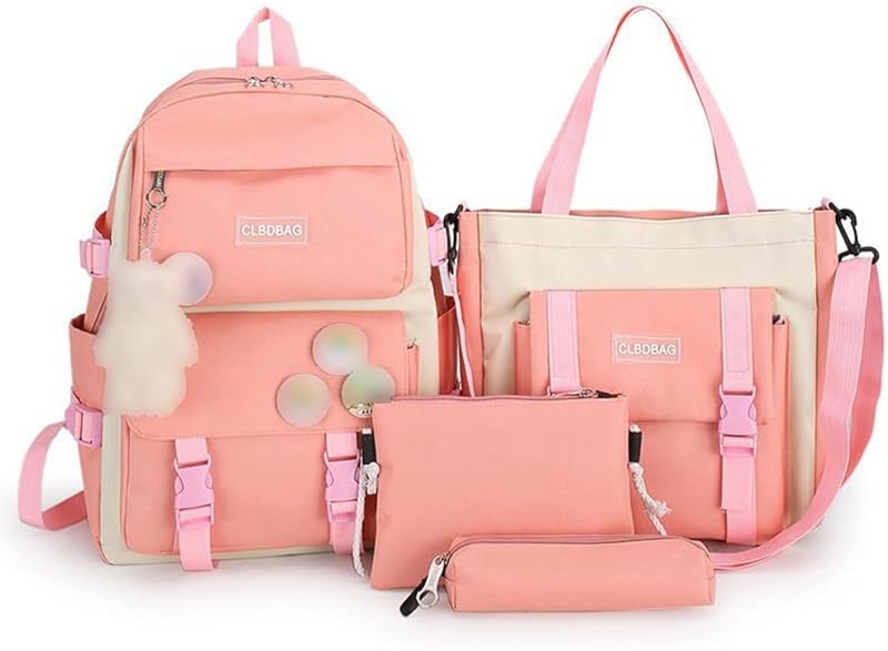 Conjunto de 4 Mochilas Bolsa Escolar de Lona Bolsa de Ombro de Grande Capacidade Bolsa de Viagem Bolsa de Lápis Bolsa de Lápis para Meninas Adolescentes Material Escolar