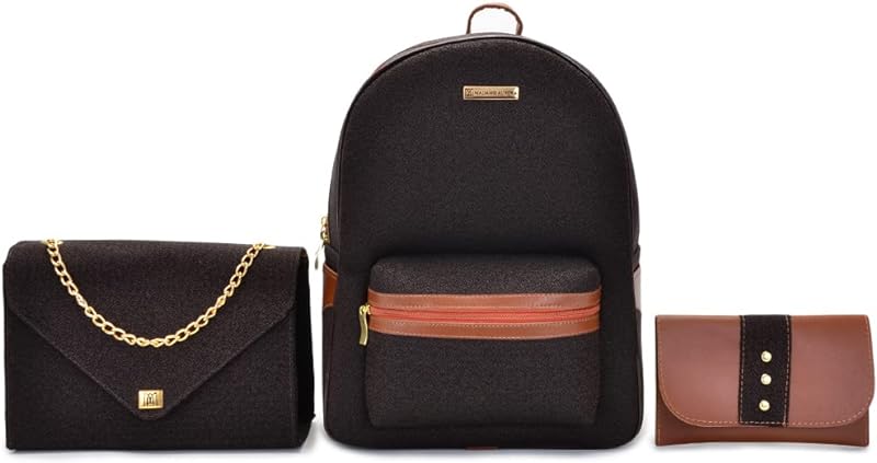 Mochila Feminina Casual Faculdade Notebook Trabalho + Bolsa Bolsinha Media Festa Envelope + Carteira Porta Moeda Madame Aurora