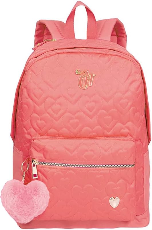 Mochila Feminina Capricho Bolsa Faculdade Escolar Anti Furto Meninas Grande Costa Chaveiro Pom Pom Pêssego Original