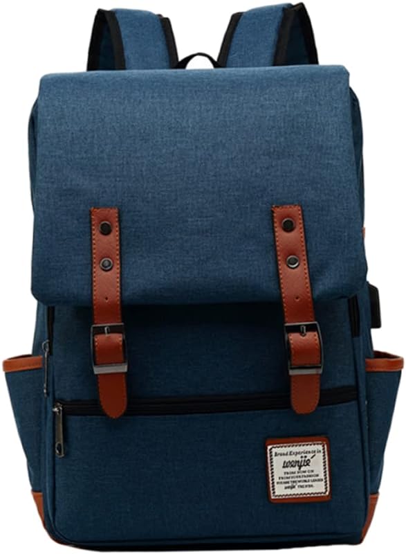 Mochila de caminhada USB vintage dia viagem escura acampamento masculino escola ao ar livre azul feminino para lona traseira, Azul, Medium, Centímetro