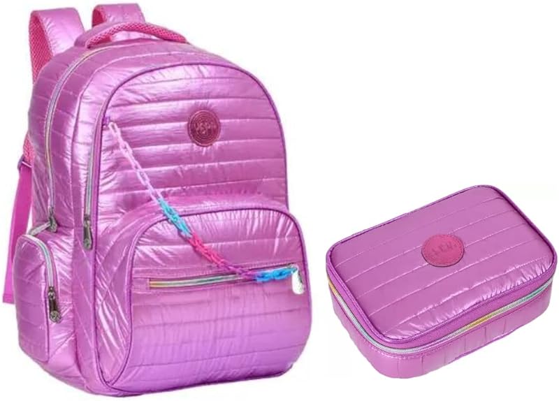 Kit Mochila Escolar Menina Metalizada + Estojo Metalizado Rosa/Roxa