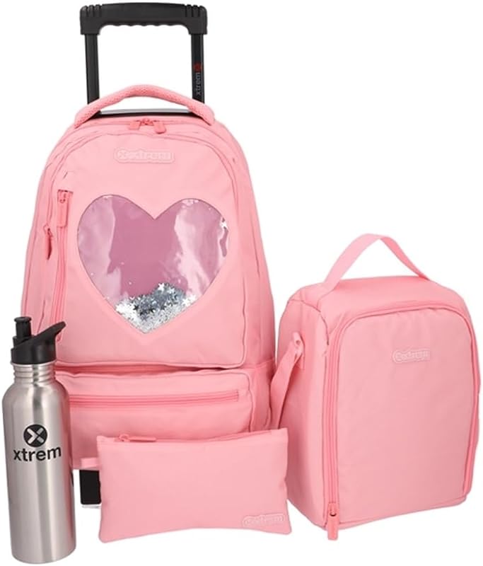 MOCHILA ESCOLAR XTREM RUN PACK 4 PÇ ROSA COM CORAÇÃO