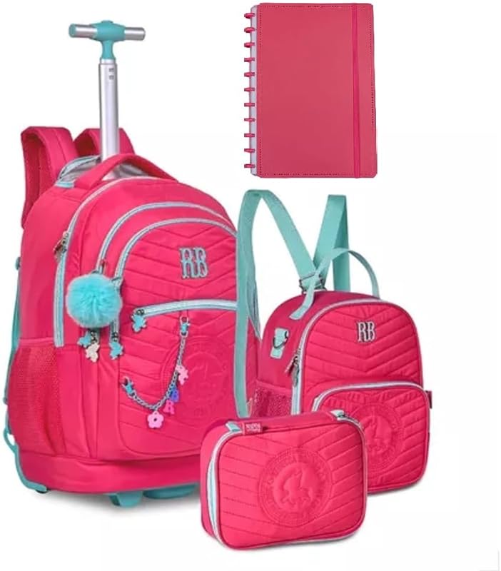 Kit Mochila Rodas,Estojo,Lancheira e Caderno Rebecca Bonbon Matelassê Rosa – Clio Style