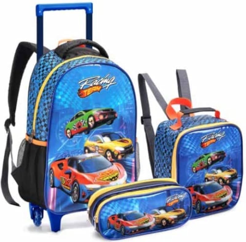 Kit Mochila Infantil Carros Rodinha 3 Peças – Mochila Estojo Lancheira