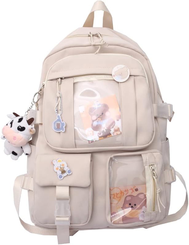 Mochila Kawaii com Alfinetes Mochila Escolar Kawaii Mochila Estética Bonita Mochila Escolar Kawaii Fofa (Rosa com Acessórios)