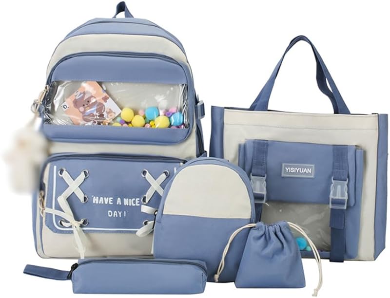 CIADAZ Mochila infantil fofa com pompons, 5 peças, grande, meninas, kawaii, bolsa escolar, livro, sacola, lápis, bolsa crossbody