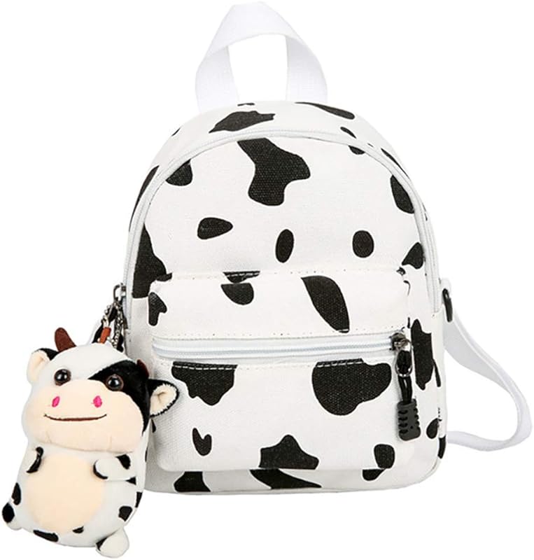 Mini mochila de lona com pingente de vaca de pelúcia com estampa de vaca e adorável mochila para mulheres e meninas ao ar livre viagens compras (branca)