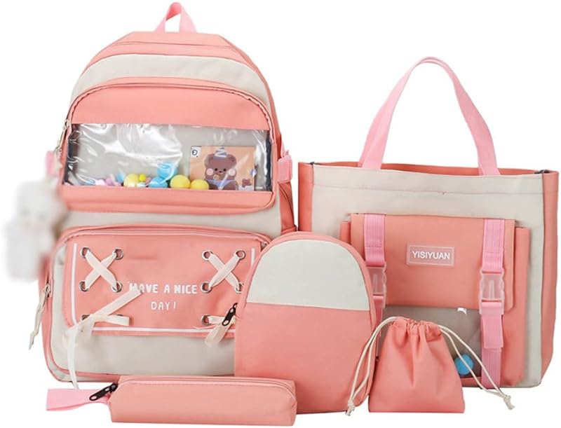 Jethrora 5 peça bonito crianças mochila com pompons grandes meninas kawaii saco de escola saco de livro com sacola lápis bolsa crossbody