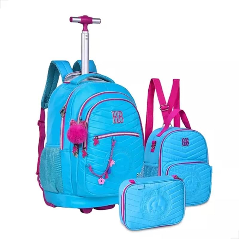 Kit Mochila Rodas, Estojo e Lancheira Rebecca Bonbon Matelassê Azul- Clio Style