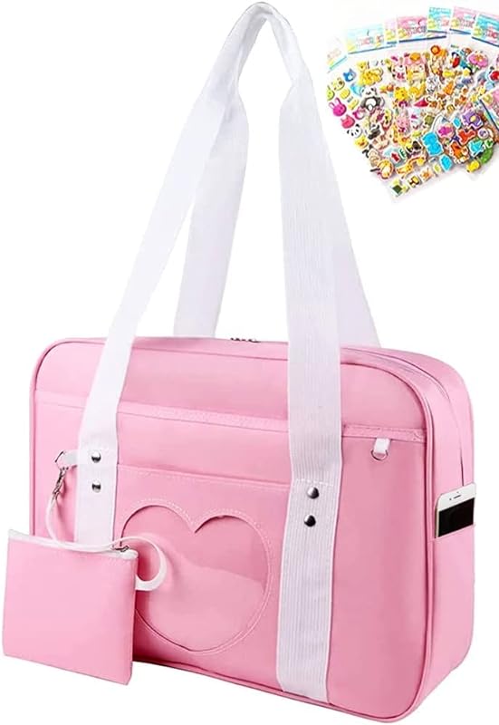 Bolsa escolar japonesa com adesivo de anime Kawaii, mochila ita, mochila de anime e coração
