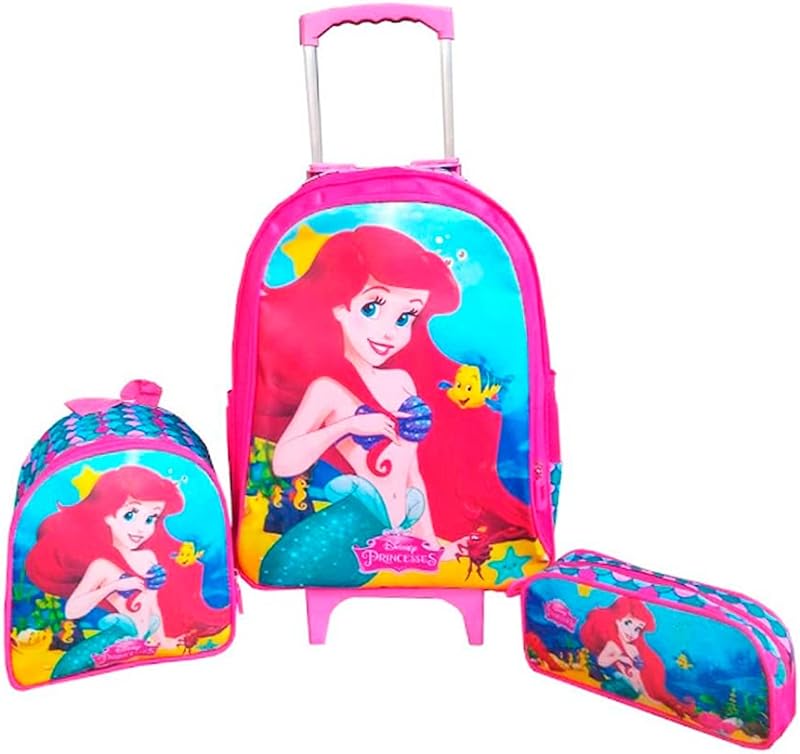 Kit Mochila com Rodinhas Feminina Ariel (Pequena Sereia) + Estojo + Lancheira