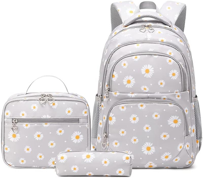 Conjunto de Mochila Escolar Feminina com Estampa de Margarida – 3 Peças com Bolsa de Almoço e Estojo de Lápis