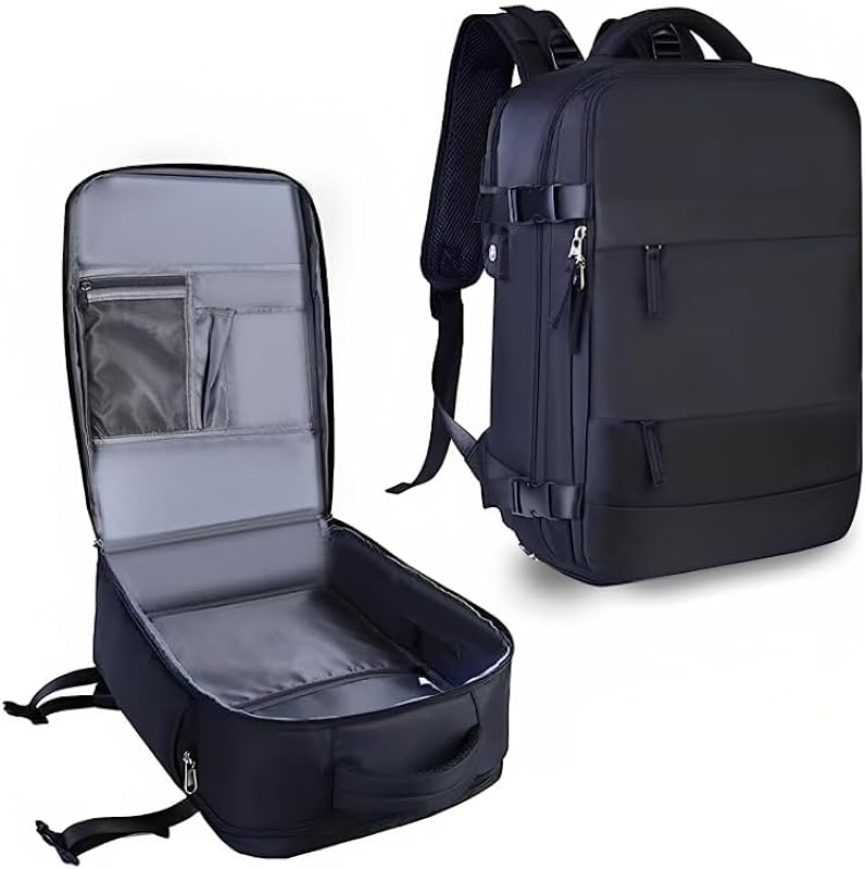 Mochila de Viagem com Abertura Total: Impermeável, Bagagem de mão para Voos, com USB Carregamento de celular, Grande Masculina e Feminina, para Esportes e Uso Diário, Casual Escolar Trabalho – Compartimento para Notebooks de até 14 Polegadas e Tenis