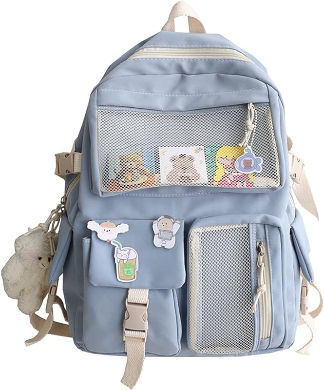 Mochila Kawaii com Pin Kawaii e Acessórios Fofinhos Mochila Fofa Mochila Estética para Escola (Blue)