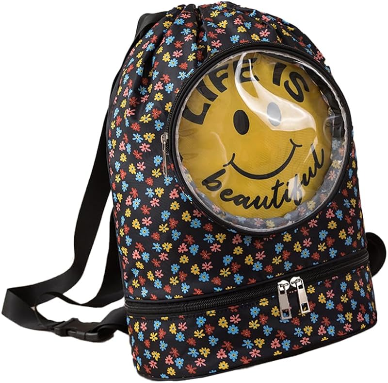 Domary Mochila com cordão de desenho animado, bolsa à prova d’água para natação e academia com óculos de natação e compartimento para sapatos, bolsa grande de banho para crianças