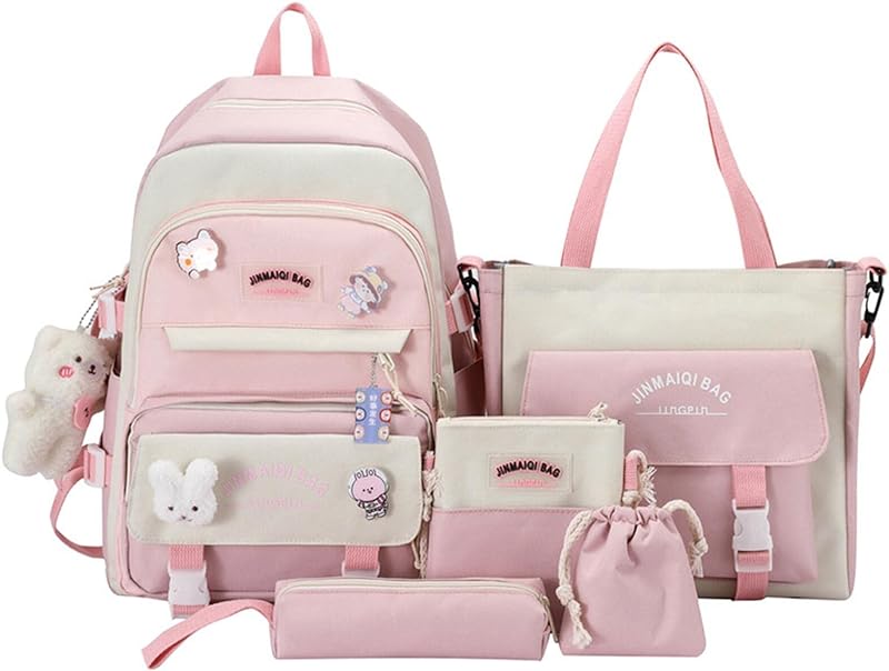 Conjunto de mochila Kawaii de 5 peças, estética, preparada, kit de material escolar bonito com pinos, pingente de urso luz Academia Pastel, rosa, Large, Mochilas Tote