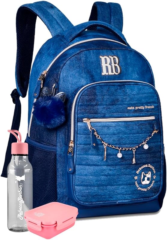 Mochila Feminina Jeans Escuro Rebecca Bonbon Bolso Antifurto E Espaço Para Notebook Squeeze E Marmitinha RB
