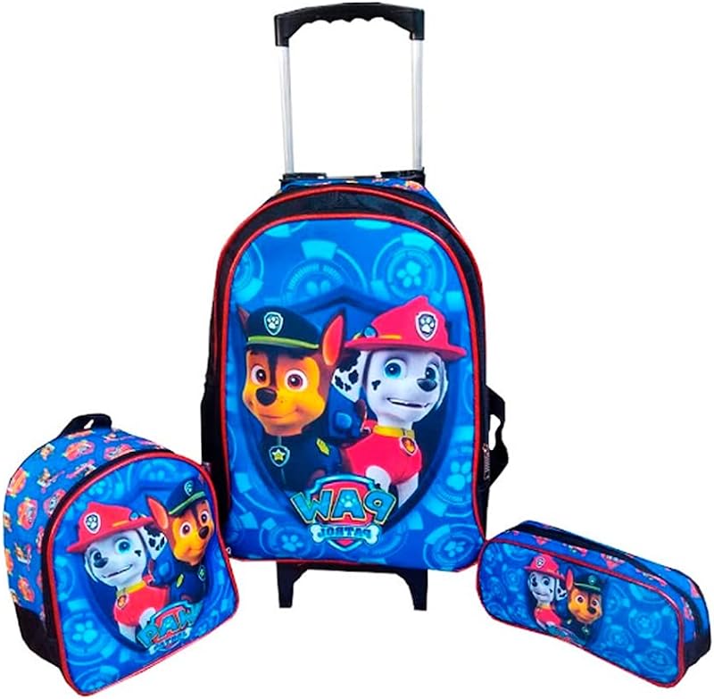 Kit Mochila de Rodinhas com Lancheira e Estojo Patrulha Canina Menino