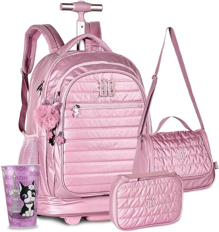 Kit Mochila Escolar Estojo Lancheira Metalizada Meninas Juvenil (Rosa)
