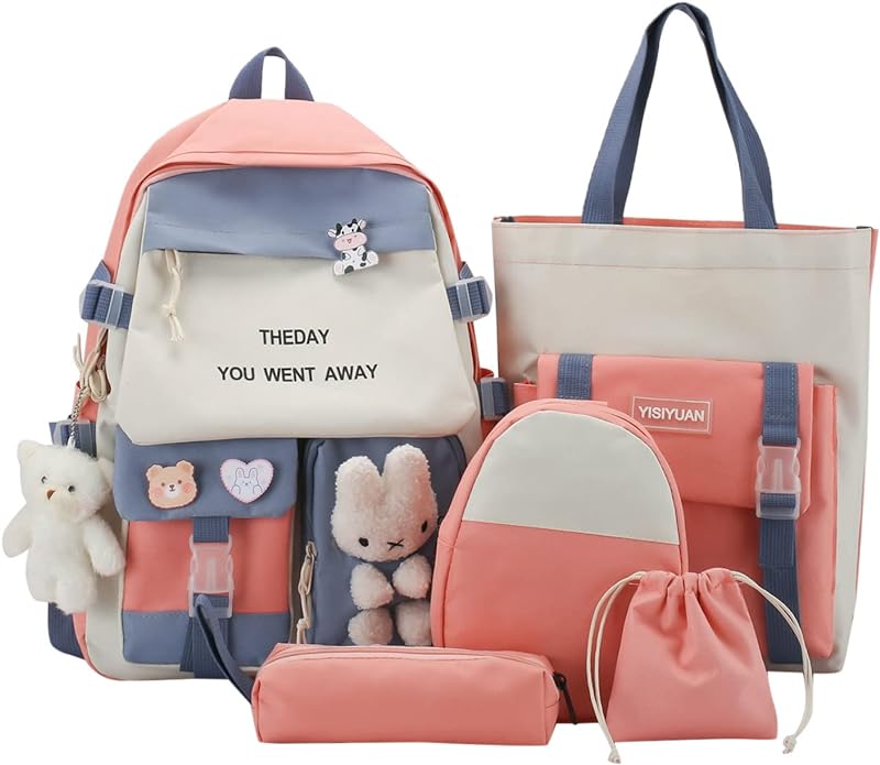 Conjunto de mochila Kawaii com pinos pingente de urso material escolar de lona fofa estética 43 cm bolsa de livros de anime (rosa)