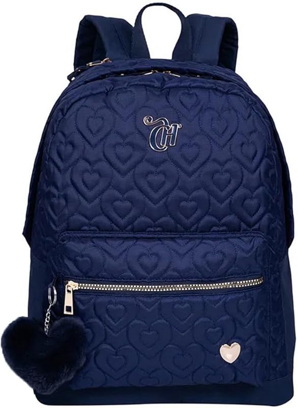 Mochila Feminina Capricho Bolsa Faculdade Escolar Anti Furto Meninas Grande Costa Chaveiro Pom Pom Azul Escuro Original