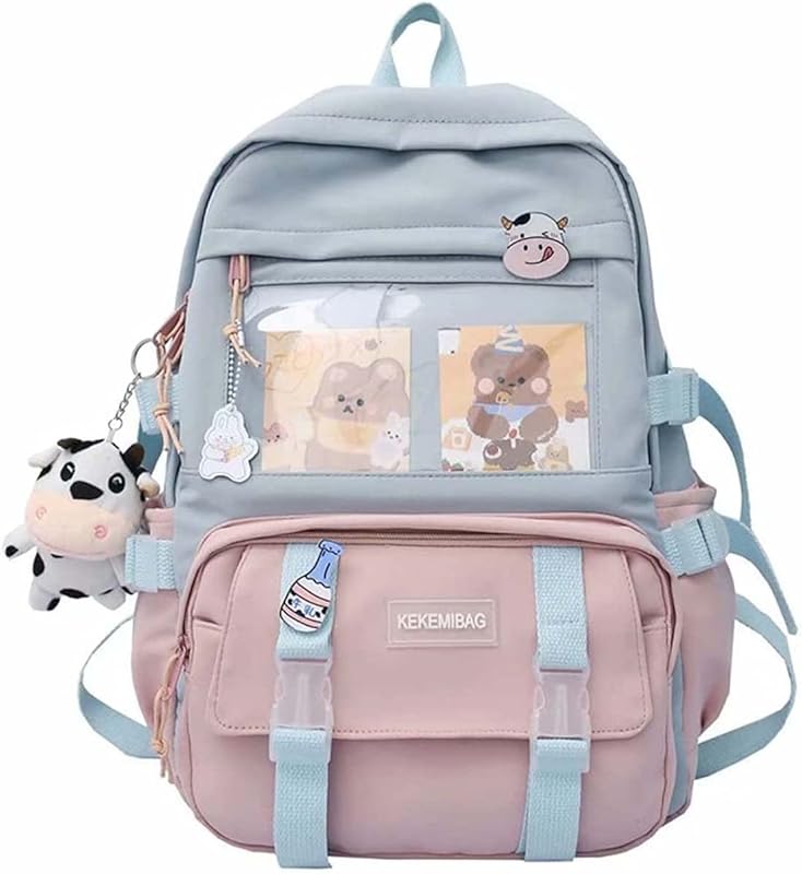 Heubek Mochila Kawaii com broche Kawaii e acessórios, mochila Kawaii para escola, linda mochila escolar estética