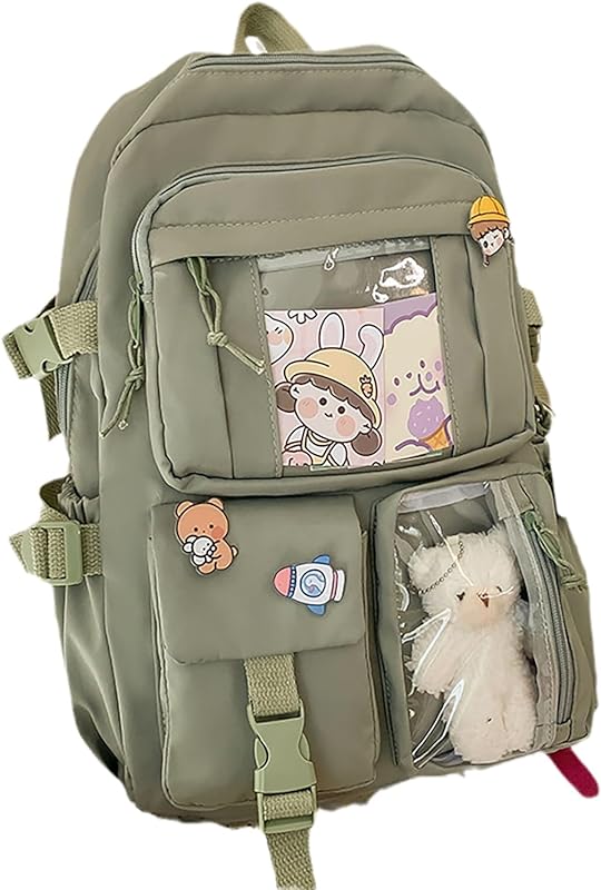 Mochilas estéticas para escola，Mochila Kawaii Com lindo pingente de pelúcia e alfinetes Kawaii, Mochila Kawaii fofa para escola (Color : Green, Size : 11.4 * 4.7 * 15.7in)