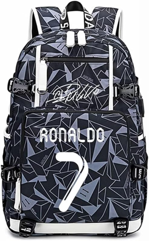 jogador de futebol Cristiano Ronaldo mochila multifunções luminosa laptop de viagem estudante fãs de futebol bolsa para homens mulheres (padrão cinza 1)