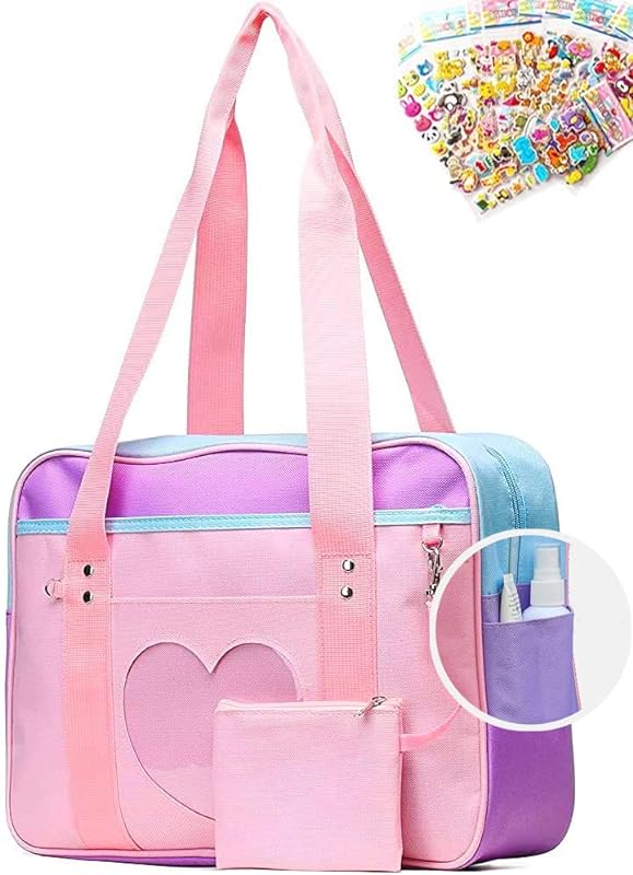 Bolsa escolar japonesa com adesivo de anime e carteira kawaii fofa, mochilas para escola, mochilas estéticas, bolsas de livros, bolsa ITA, bolsa para laptop, 35,5 cm, rosa – roxo Bolsa escolar japonesa com adesivo de anime e carteira kawaii fofa, mochilas para escola, mochilas estéticas, bolsas de livros, bolsa ITA, bolsa para laptop, 35,5 cm, rosa – roxo