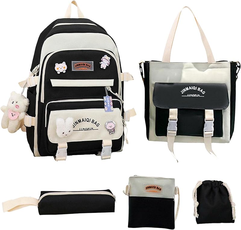 Conjunto Mochila Escolar Lona 5 Peças, Mochilas Escolares Kawaii para Estudantes Meninas, Mochila Estética Bonita Sacolas Lona Pequenas Acessórios Kawaii Mochila para Escola