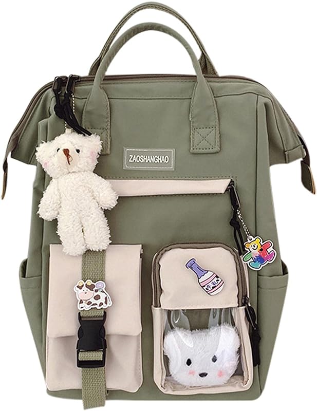 Enjovdery Mochila de estudante Kawaii para mulheres – mochila de estudante fofa de grande capacidade com broche e acessórios para meninas adolescentes