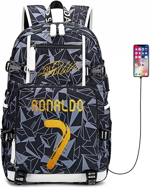 mochila multifuncional para laptop do jogador de futebol Cristiano Ronaldo CR7 viagem fãs de futebol bolsa de estudante para homens mulheres (padrão cinza 1)