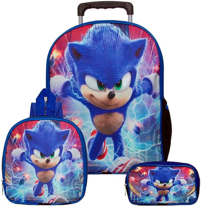 Kit Mochila com Rodinhas do Sonic 2 + Lancheira + Estojo Escolar