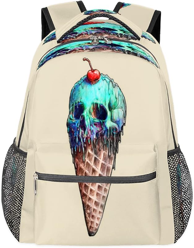 Mochilas femininas de caveira de sorvete Daypack, mochilas para laptop para negócios, mochila escolar para estudantes com alça de ombro ajustável, mochila casual para viagem e acampamento, para mulheres e homens, Multicor, Large, Mochilas Daypack