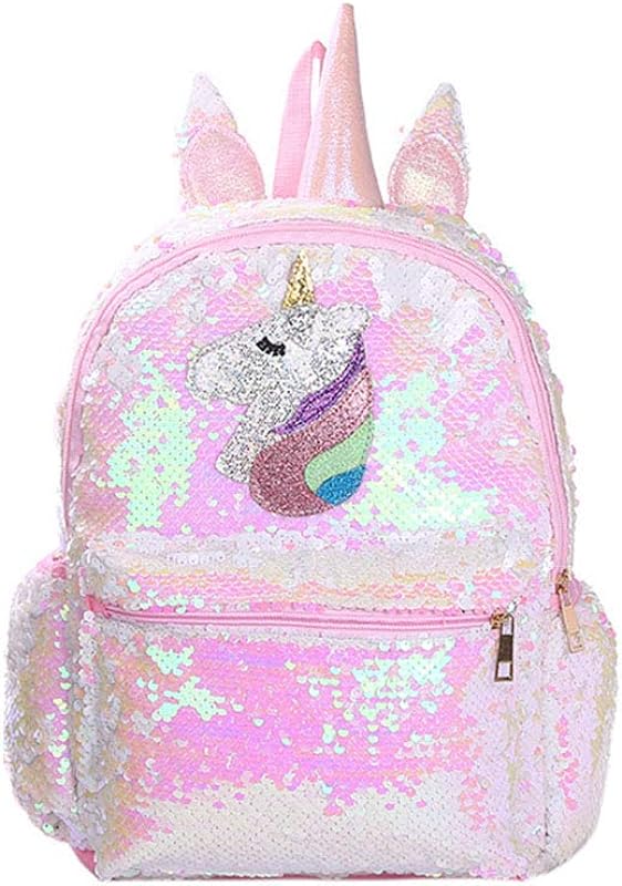 Mochila KESYOO reversível de unicórnio com lantejoulas para meninas e mulheres tamanho grande com glitter, mochila escolar brilhante para uso diário casual de viagem