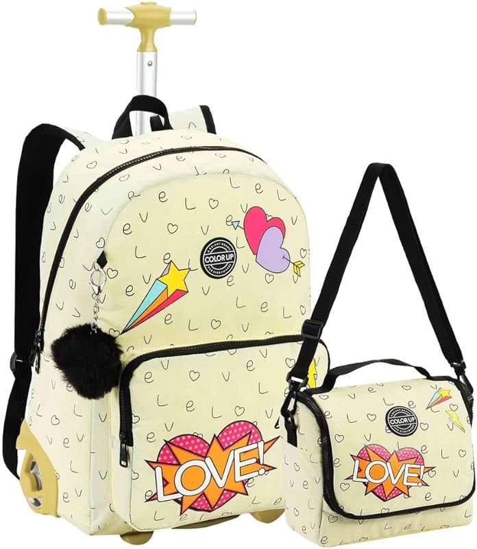 Kit Mochila Escolar Rodinhas Love Creme Lancheira Térmica Feminina Menina Chaveiro Pompom Impermeável
