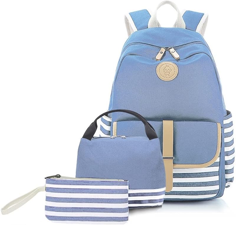 Cicilin Mochilas femininas de lona listradas, conjunto de 3 peças, Azul claro, Large, Macio