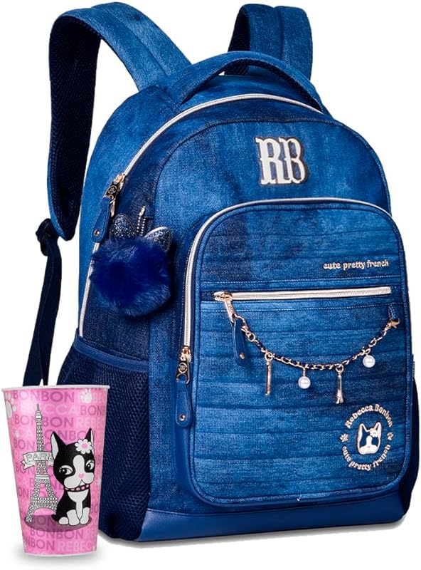 Mochila Jeans Escolar Rebecca Bonbon Feminino Bolso Antifurto Detalhes Em Dourado CopoRB