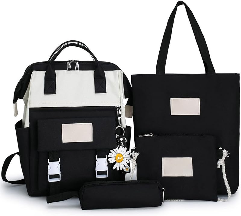Conjunto de mochila para notebook 4 peças, mochila escolar de lona, ​​mochila estudantil de grande capacidade, mochila durável para meninas, mochila multi bolso, conjunto de mochila