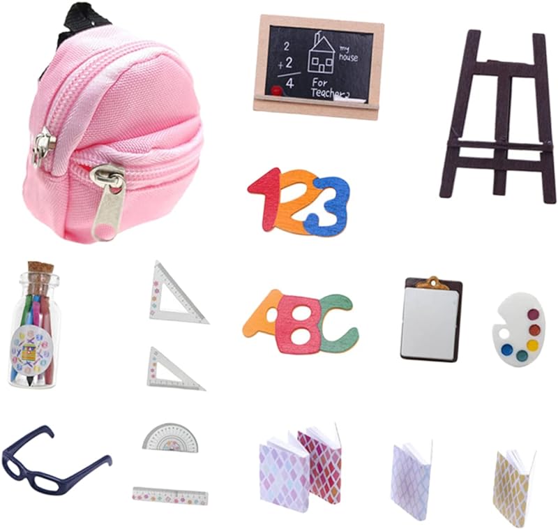 Toyvian 1 Conjunto De Casa De Bonecas Papelaria Artesanato Infantil Mini Bonecas Mini Mochila Para Meninas Mochila Para Bonecas Mini Boneca Mochila Quadro Material Escolar