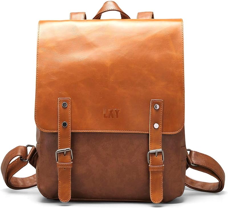 LXY Mochila vintage de couro vegano para laptop para mulheres e homens