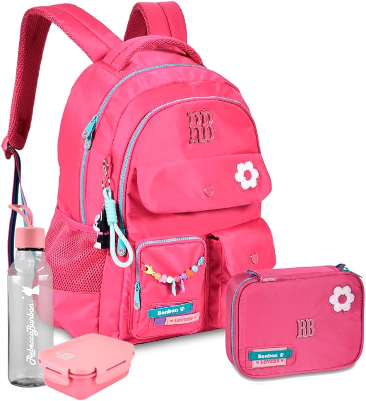 Mochila Feminina Rebecca Bonbon College Infantil Escolar Menina RB Com Squeeze e Marmitinha RB (Rosa)