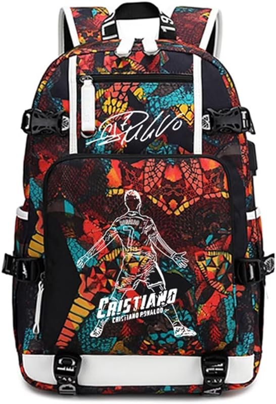 jogador de futebol Cristiano Ronaldo mochila multifunções luminosa laptop de viagem estudante fãs de futebol bolsa para homens mulheres (padrão vermelho 2)