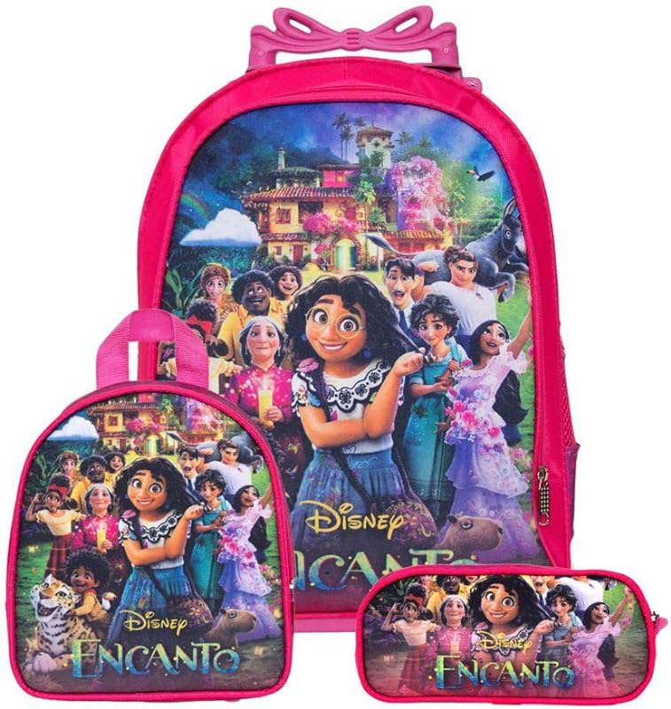 Kit Mochila com Rodinhas Infantil Encanto + Lancheira Térmica + Estojo Escolar