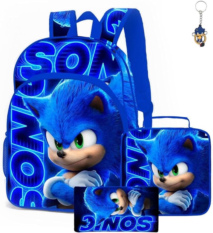 AII Lover Mochila Sonic Hedgehogs com bolsa de almoço, estojo de lápis, 16 polegadas impresso em 3D bolsa de viagem para laptop, 3 peças
